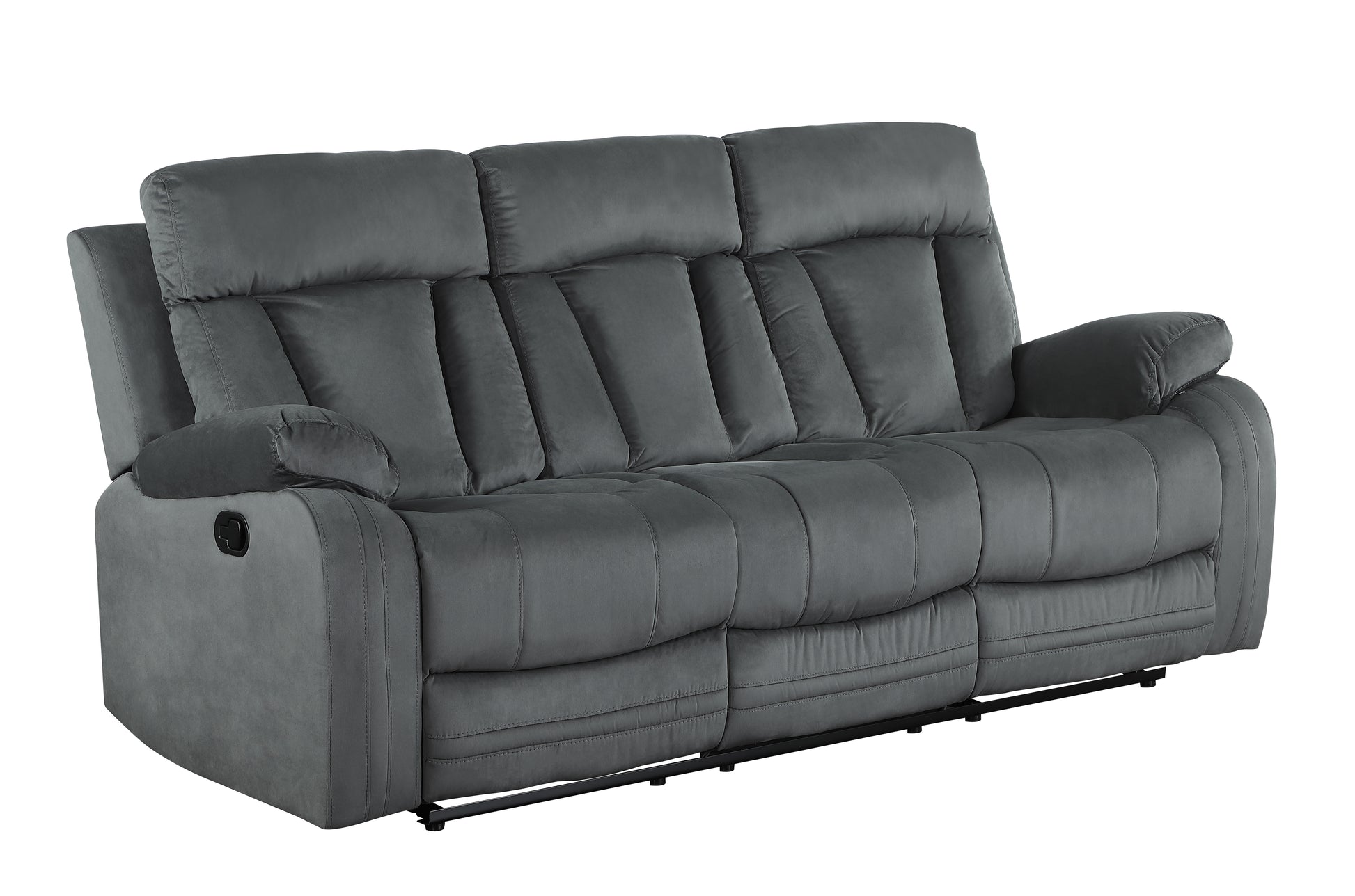 Gray reclining sofa with plush cushions and stitched detailing