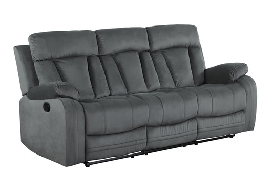 Gray reclining sofa with plush cushions and stitched detailing
