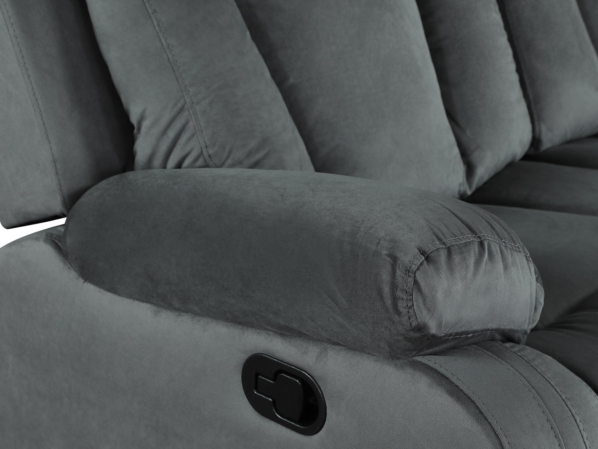 Closeup of plush grey recliner armrest with lever