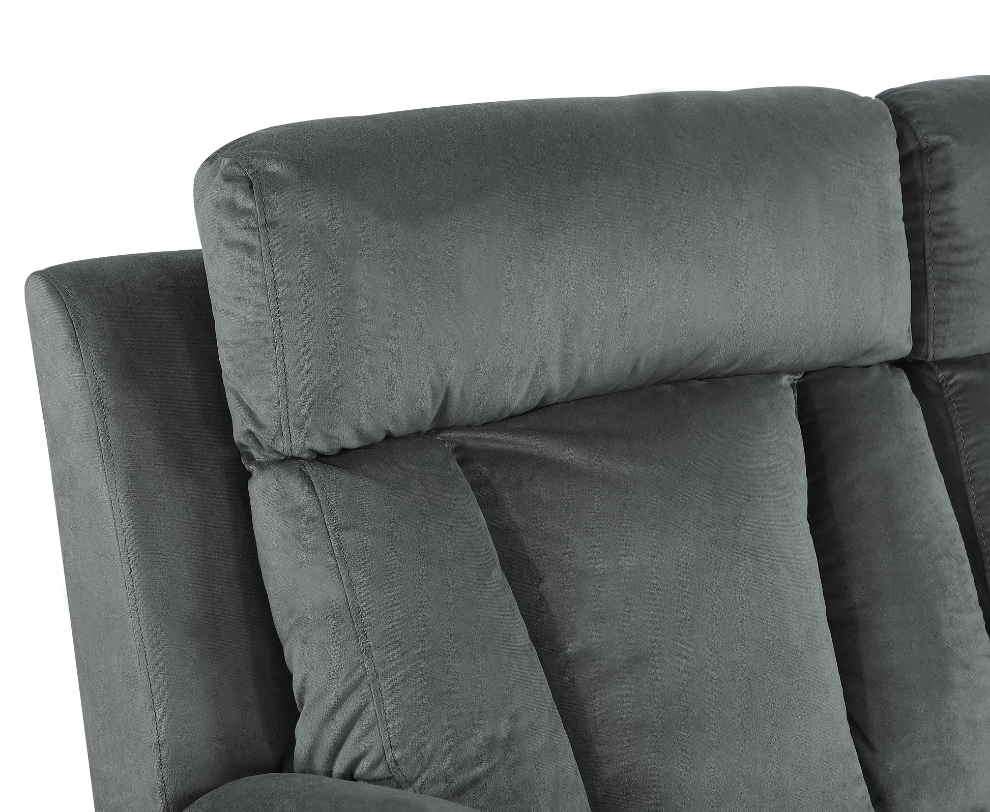 Plush grey velvet recliner cushion with stitched detailing