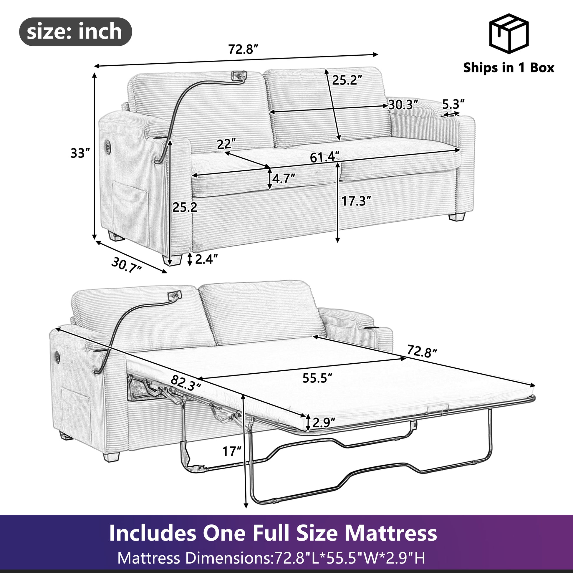 Convertible sofa bed with dimensions