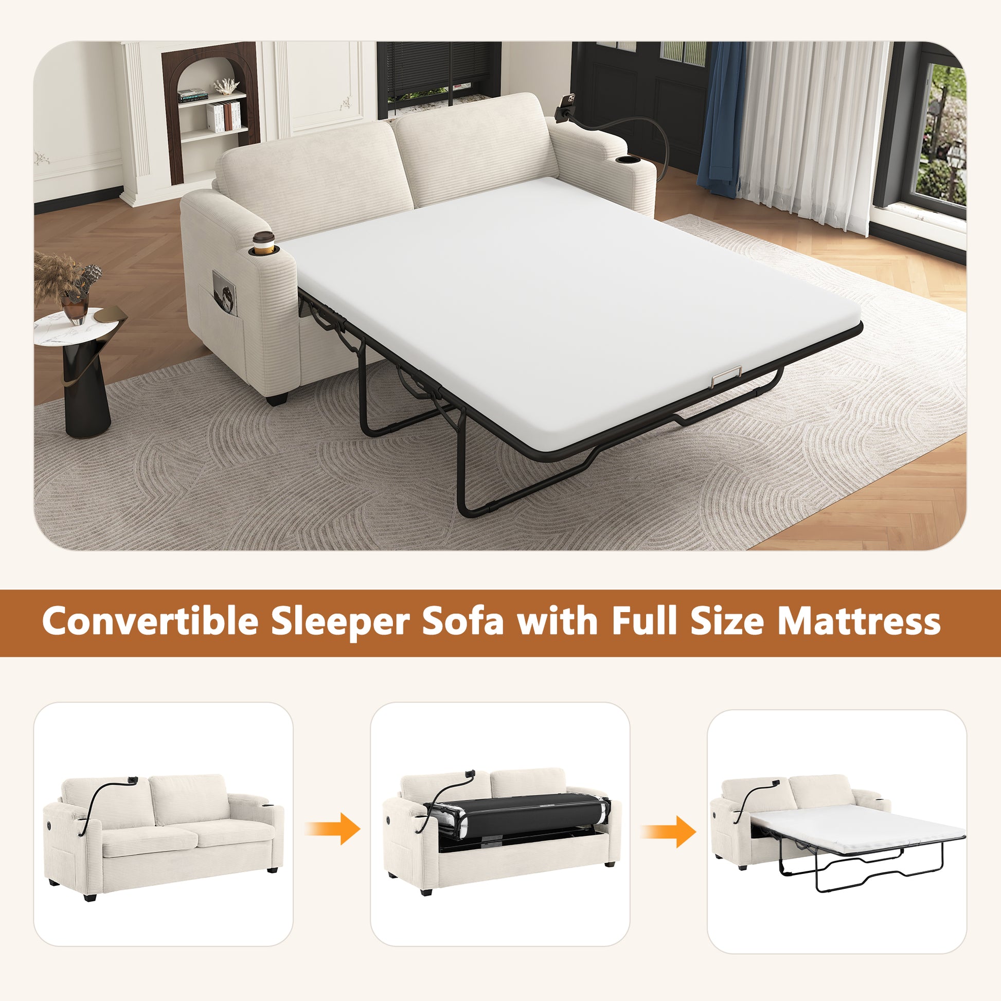 Cream corduroy sleeper sofa with full size mattress unfolded