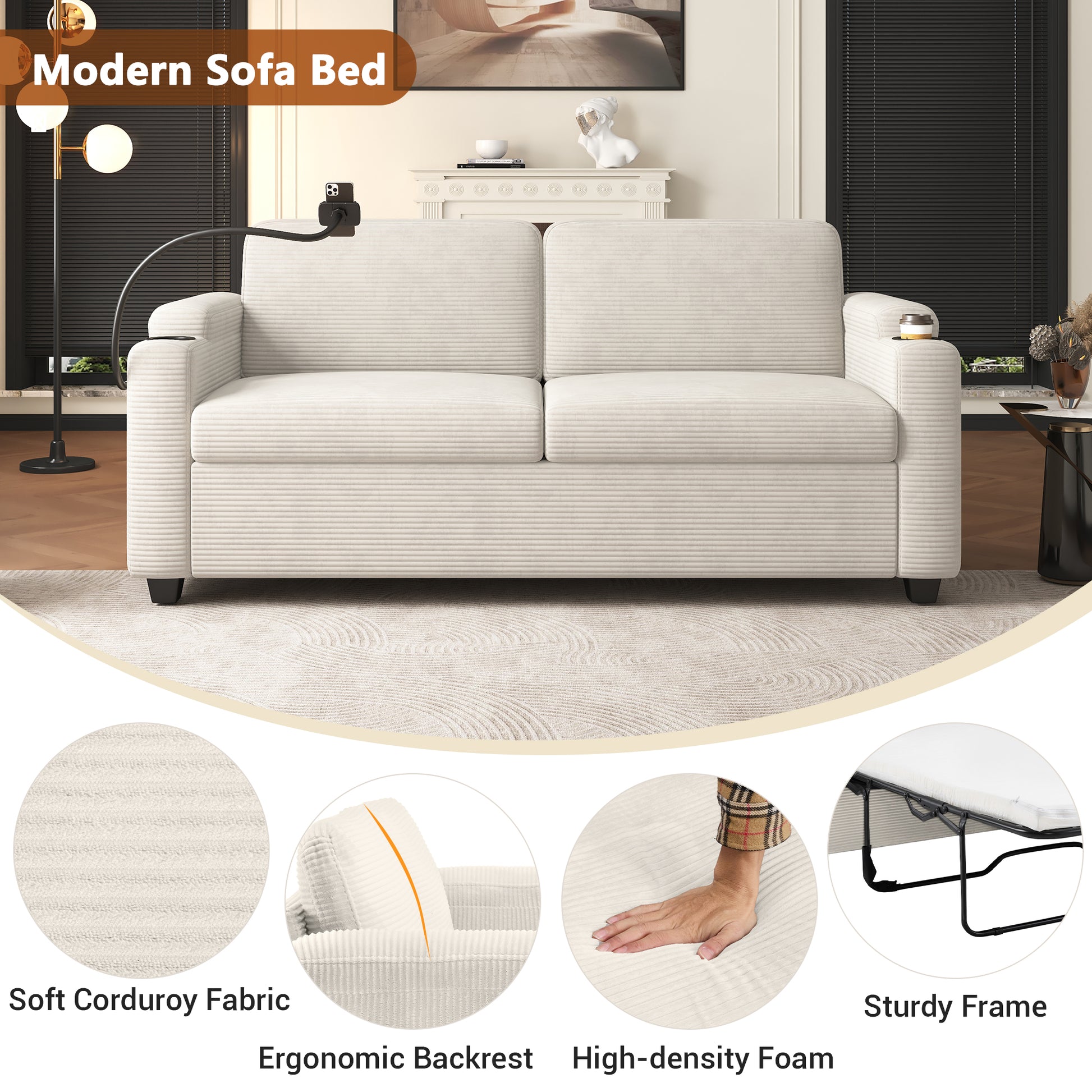 Cream corduroy sofa bed with ergonomic backrest