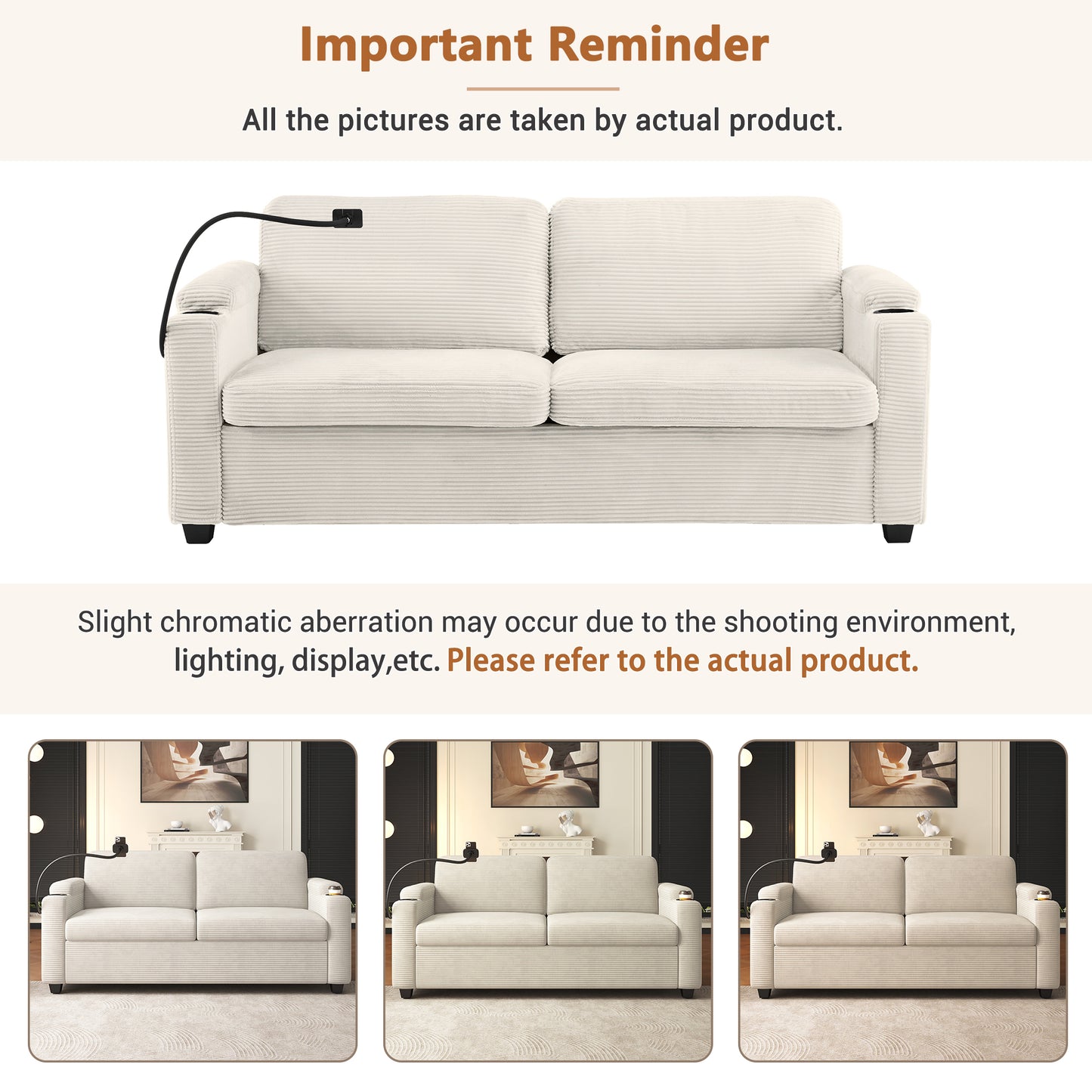 Cream corduroy sofa with integrated USB charging port and cupholder