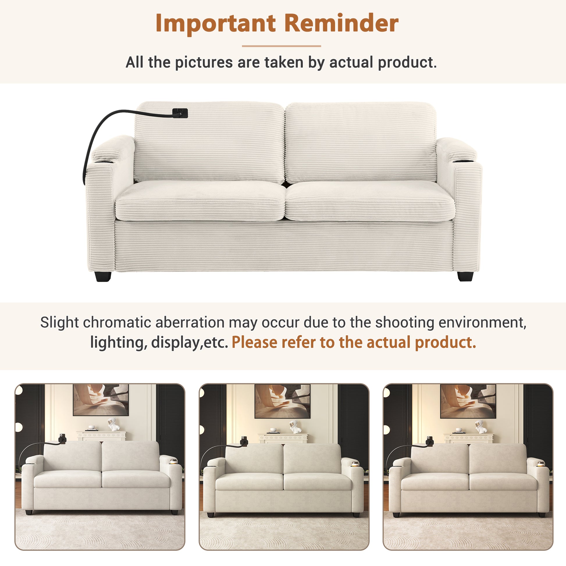 Cream corduroy sofa with integrated USB charging port and cupholder