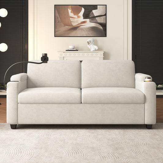 Cream corduroy sofa with a flexible phone holder