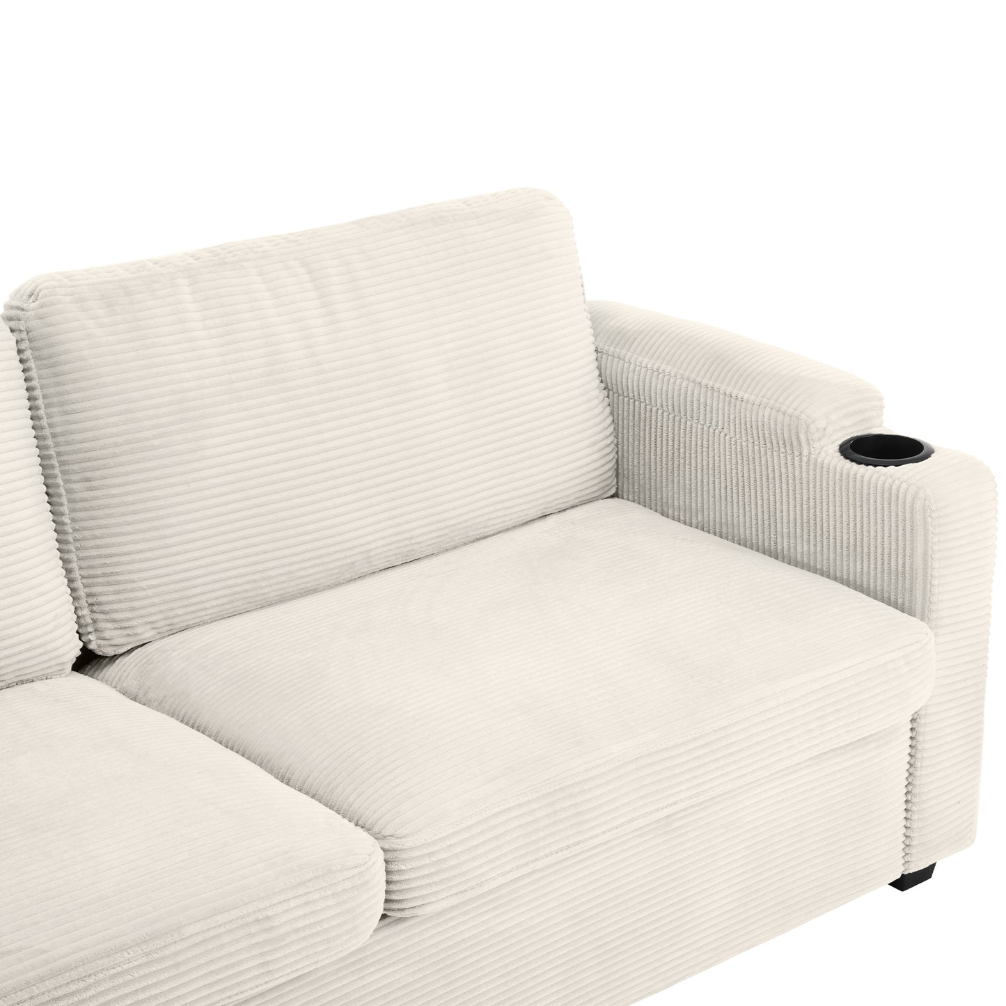 Cream corduroy sofa with integrated cup holder