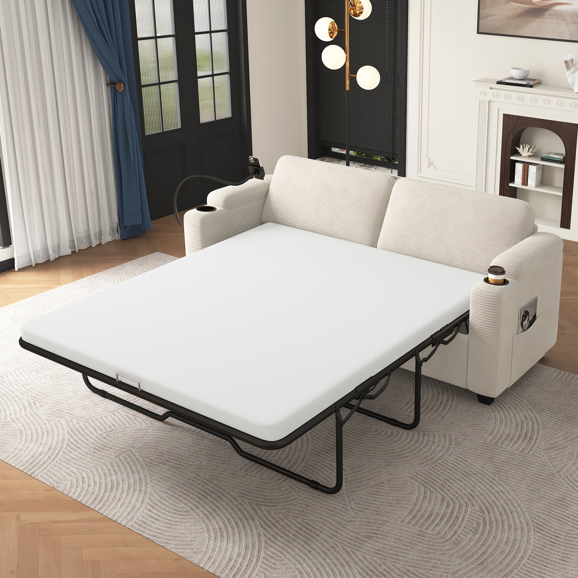 Cream corduroy sleeper sofa with mattress extended perfect for guests