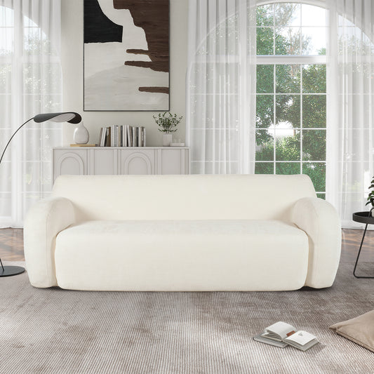 Cream boucl fabric sofa with rounded arms and a plush texture for modern living rooms