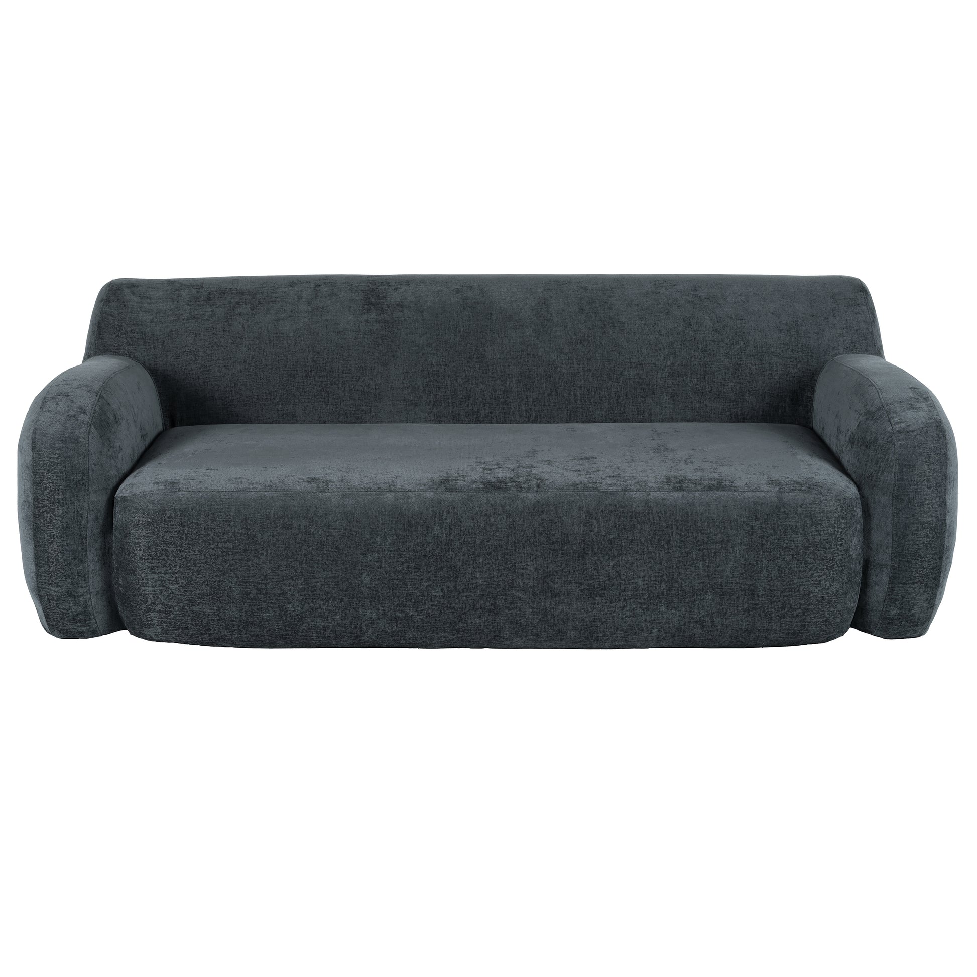 Dark charcoal fabric sofa with plush cushions and rounded arms