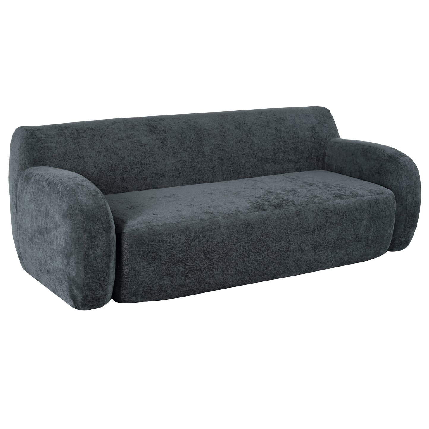 Dark grey textured fabric threeseater sofa with curved arms perfect for modern living rooms