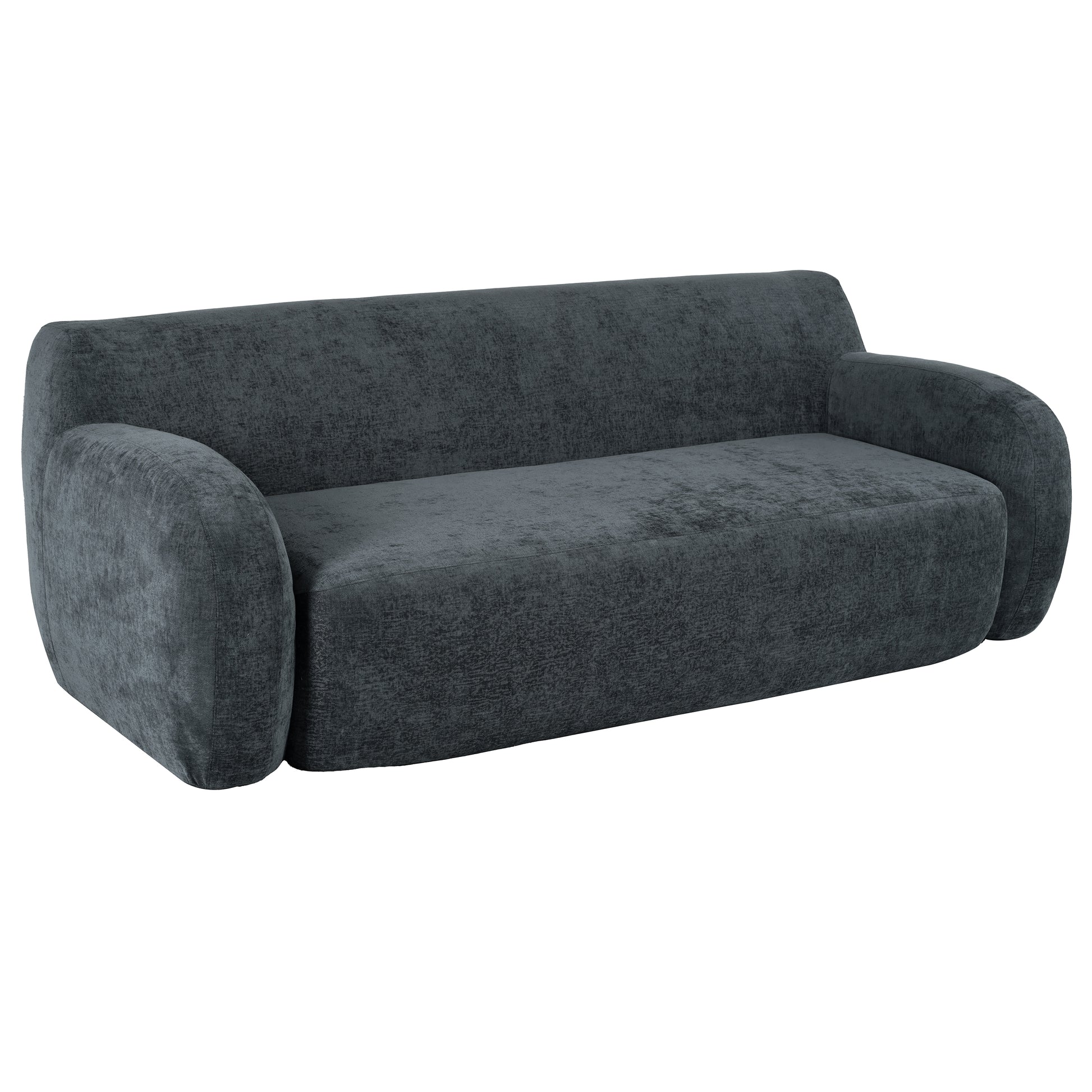 Dark grey textured fabric threeseater sofa with curved arms perfect for modern living rooms