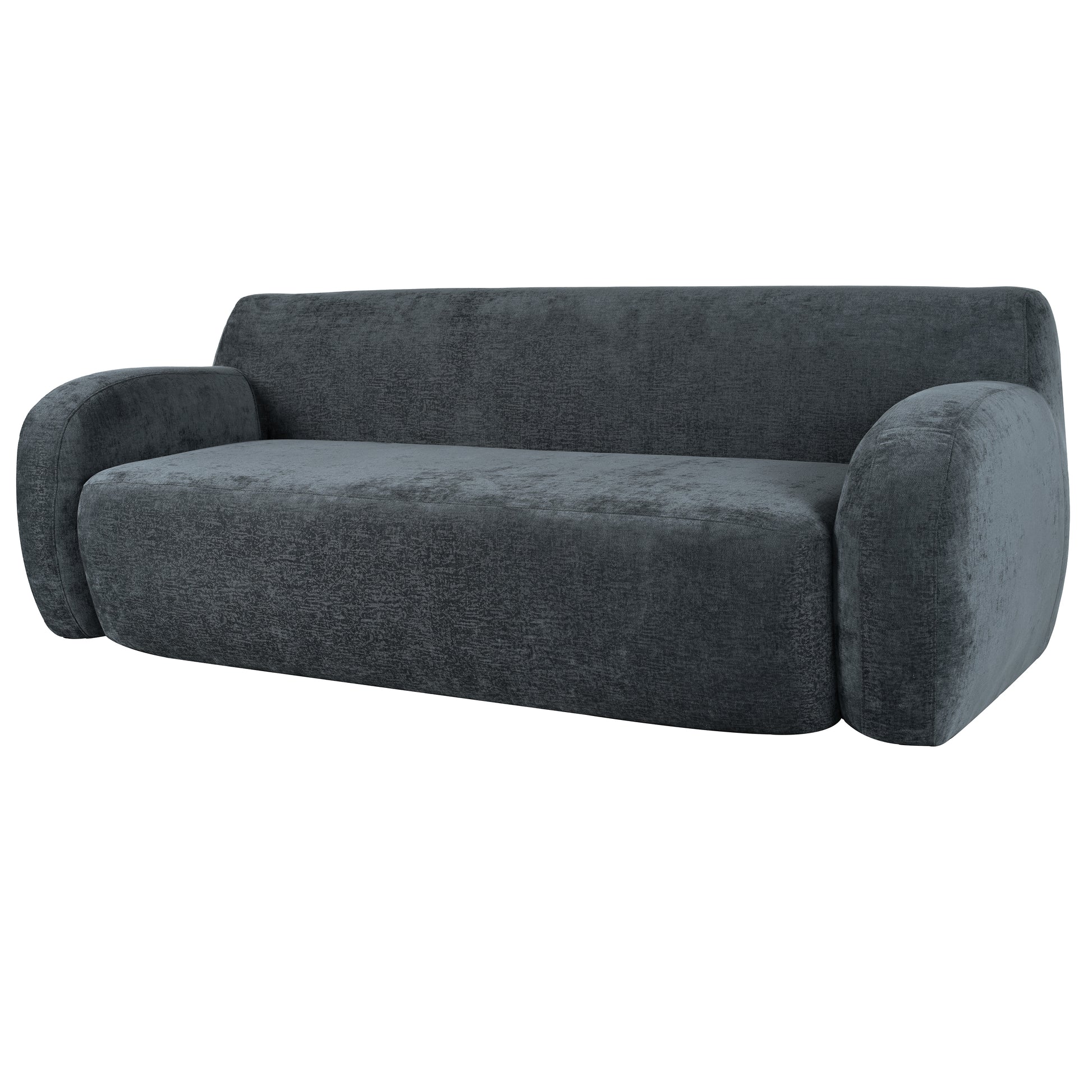 Dark gray velvet sofa with rounded arms and a plush seat