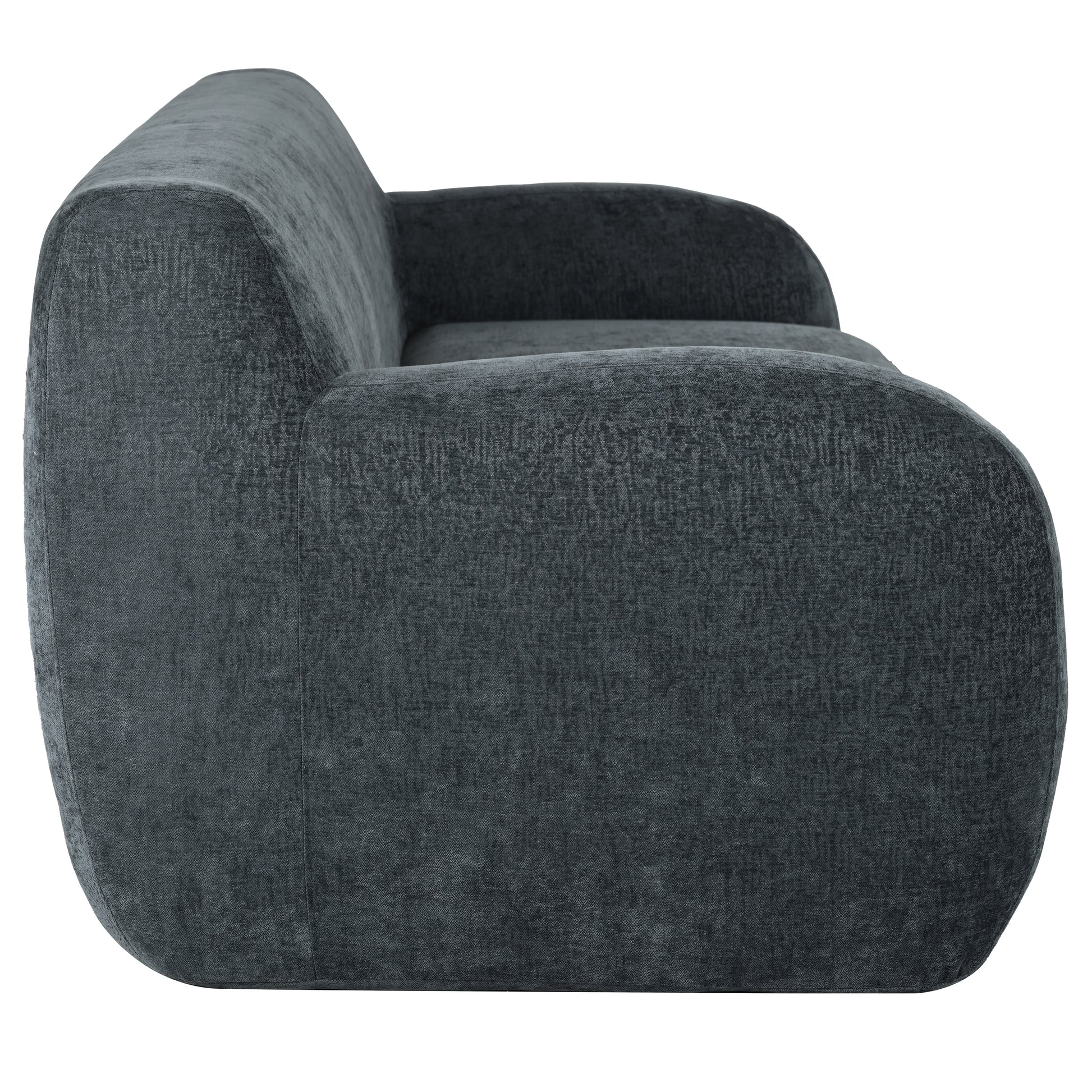 Dark gray upholstered modern sofa with curved arms