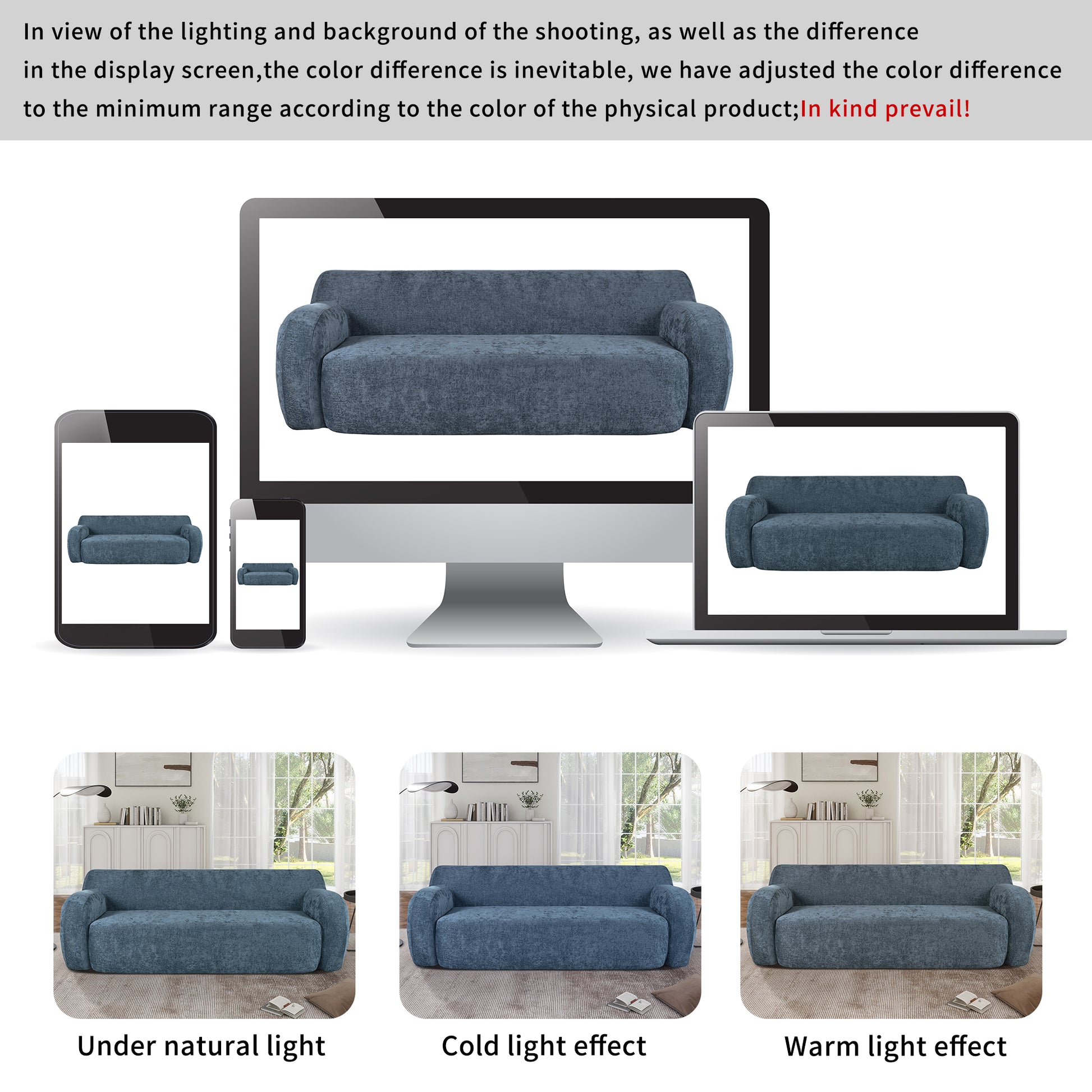 Blue textured sofa cover shown on multiple devices