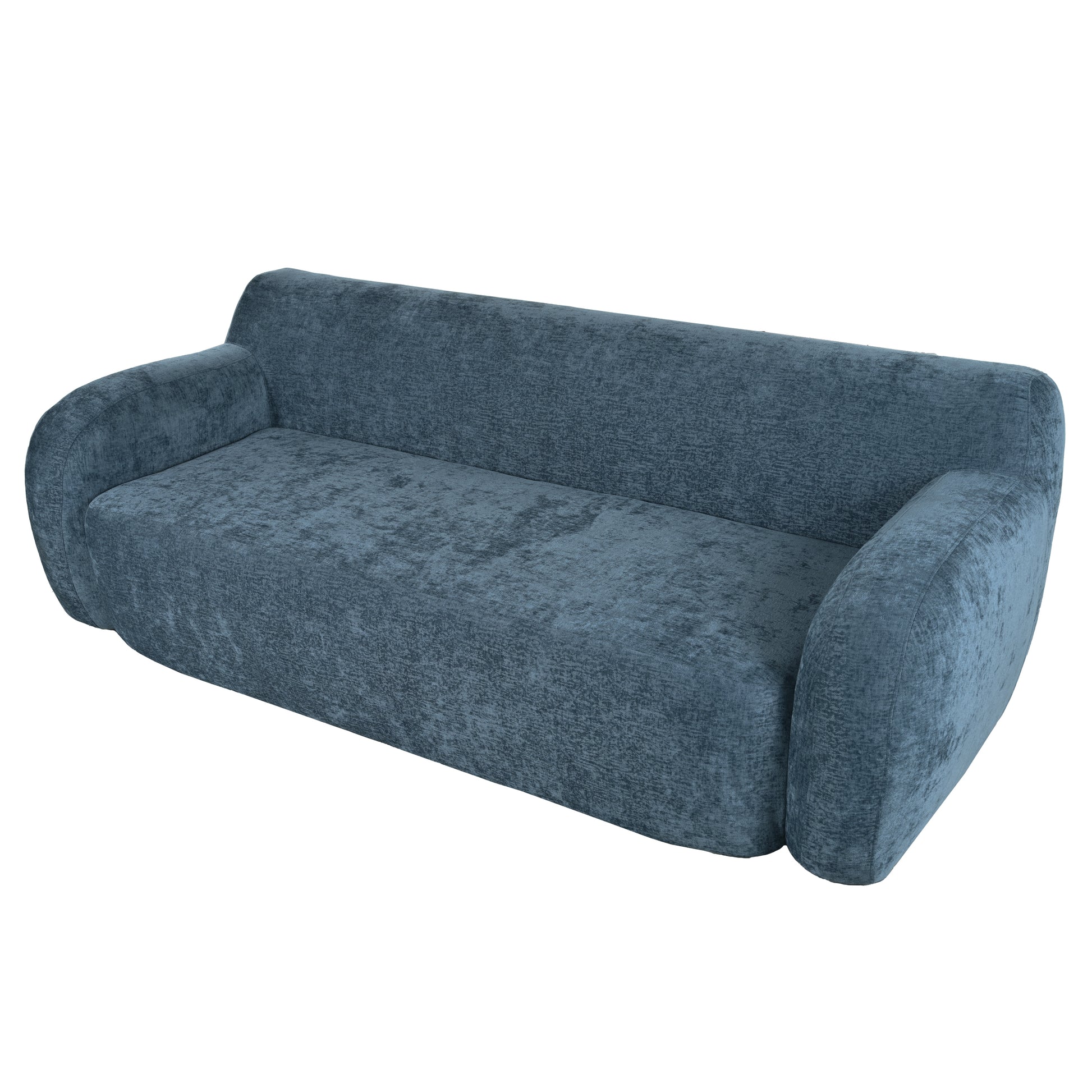 Deep blue velvet seater sofa with plush upholstery and rounded arms