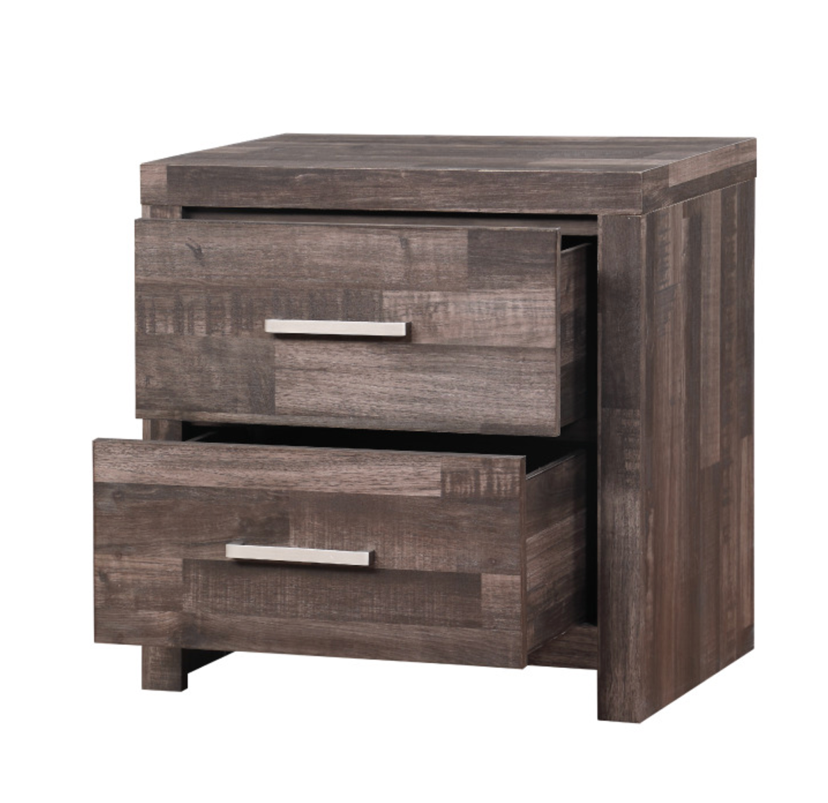 Dark wood twodrawer nightstand with silver handles