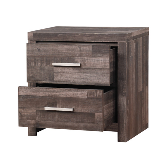 Dark wood twodrawer nightstand with silver handles