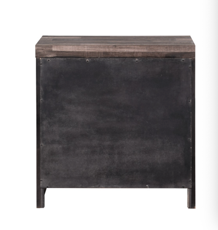 Rustic industrial nightstand with distressed wood top and dark metal panel