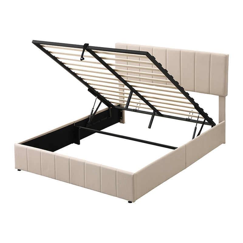 Beige upholstered bed frame with liftup storage mechanism