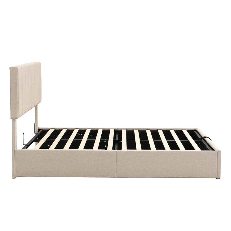 Beige upholstered queen bed frame with a slatted base and a vertical channel tufted headboard