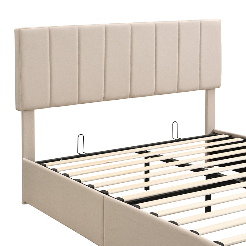 Upholstered beige headboard with vertical channel tufting on a modern bed frame