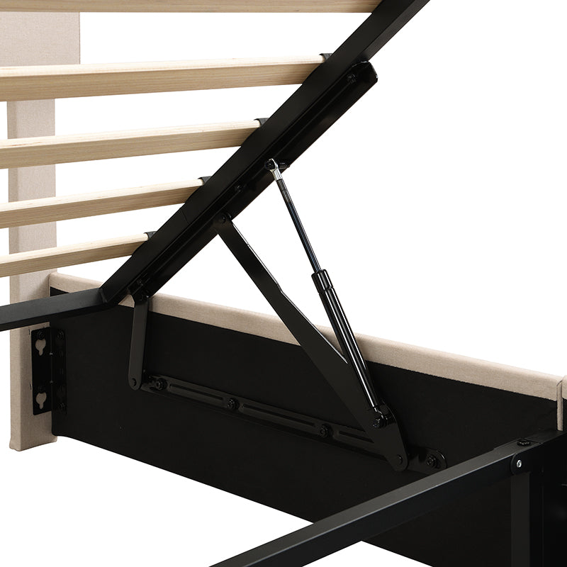 Lift mechanism detail on upholstered bed frame