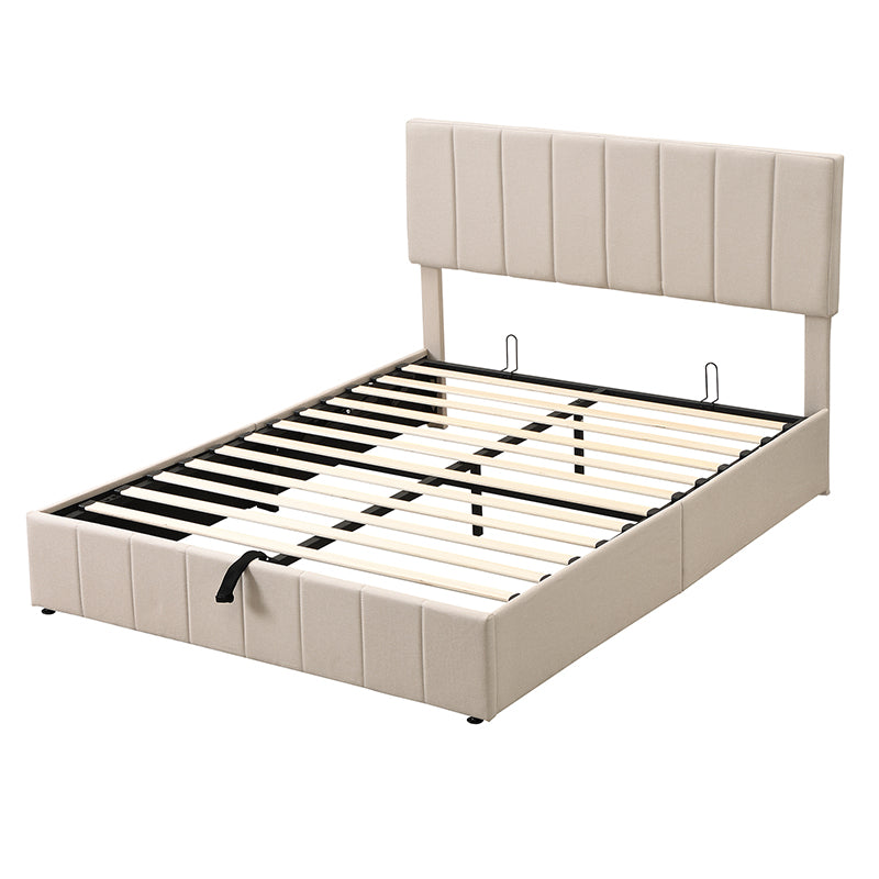 Upholstered beige queen bed frame with vertical headboard stitching and slatted platform