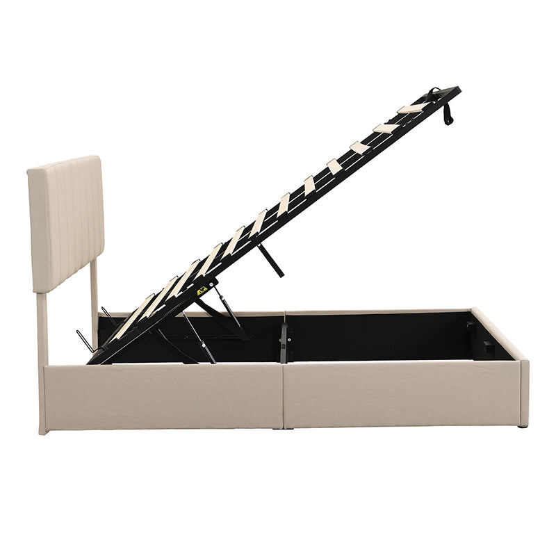Beige upholstered bed frame with open storage compartment and slatted base