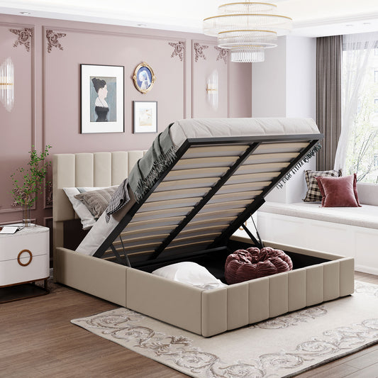 Beige upholstered bed with storage and lift mechanism
