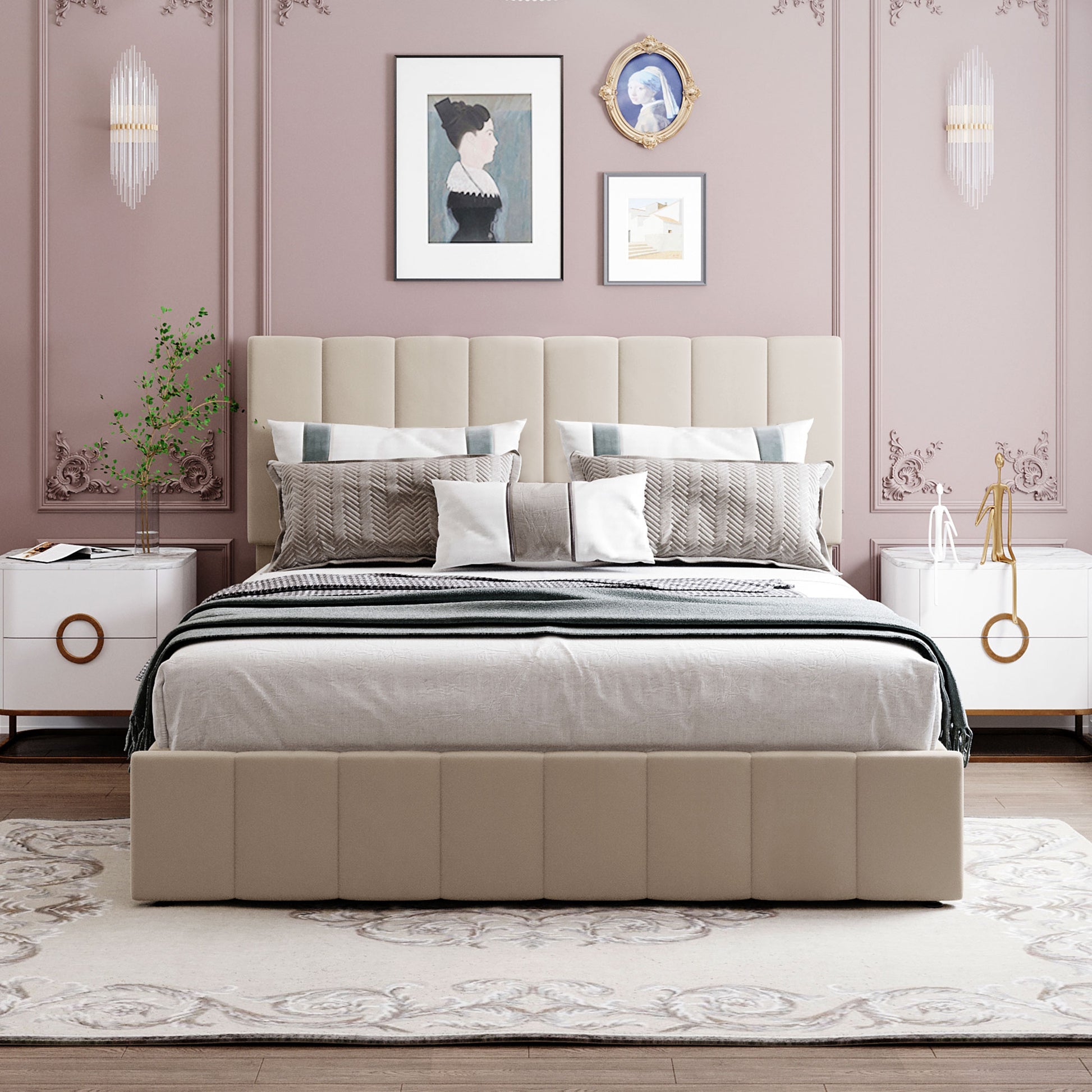 Upholstered beige queen bed with padded headboard and modern nightstands