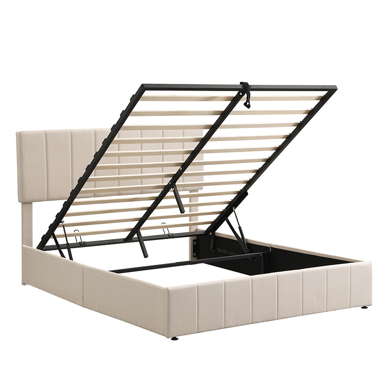 Beige upholstered storage bed with lifted base and hydraulic mechanism