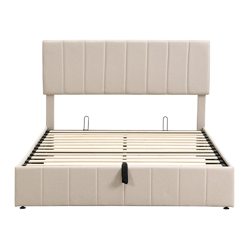 Upholstered bed frame with vertical channel tufted headboard in beige fabric