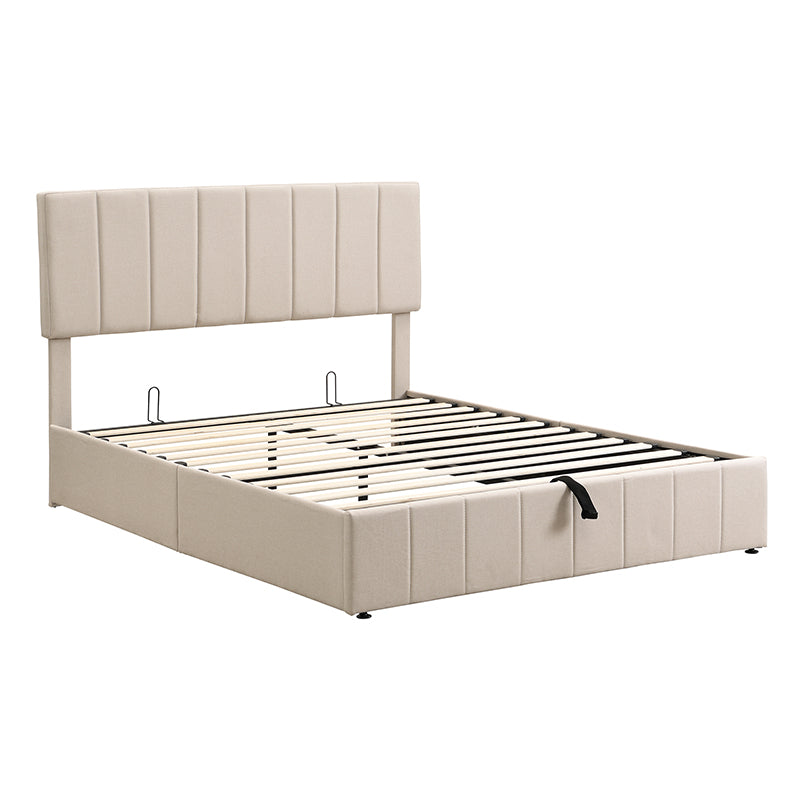 Beige upholstered platform bed frame with vertical channel tufting and hidden storage