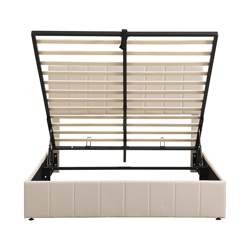 Beige upholstered storage bed frame with lifted wooden slats and metal support