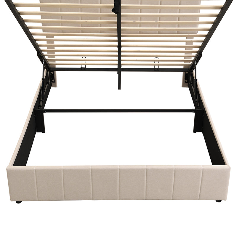 Beige upholstered platform bed frame with hydraulic lift mechanism