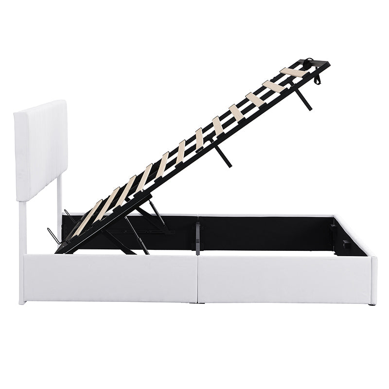 White upholstered storage bed frame with gas lift open