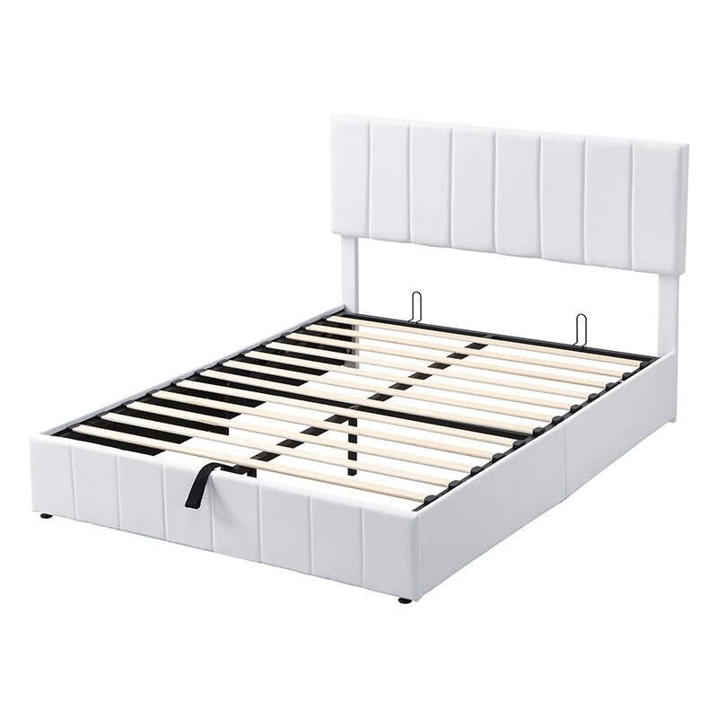 White upholstered platform bed frame with button tufted headboard