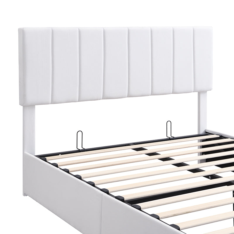 White upholstered platform bed frame with vertical channel tufting on the headboard