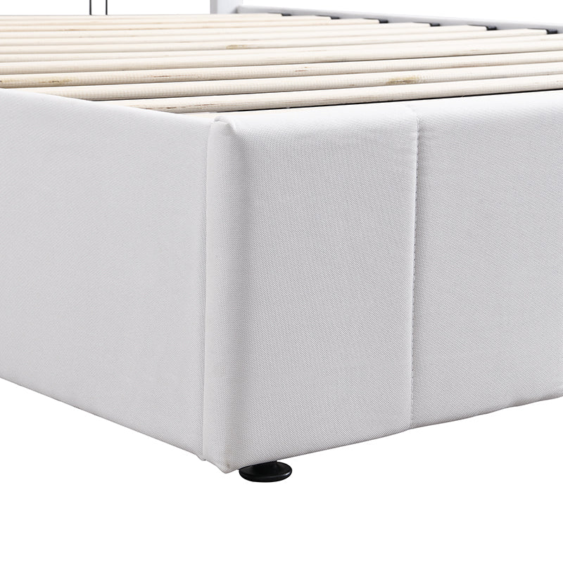 White upholstered bed frame with wooden slats