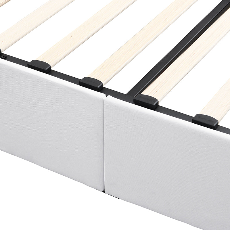 White fabric upholstered bed frame base with wooden slats