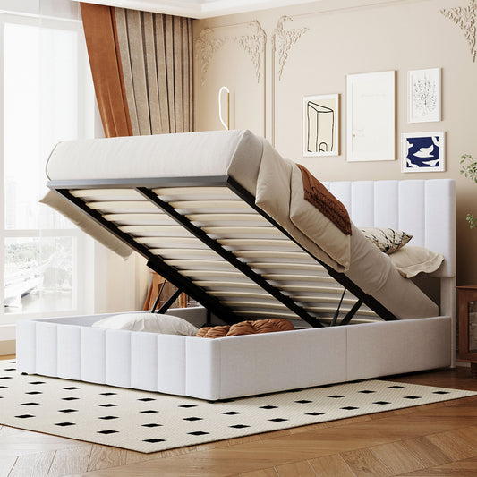 White fabric storage bed with ottoman lift mechanism