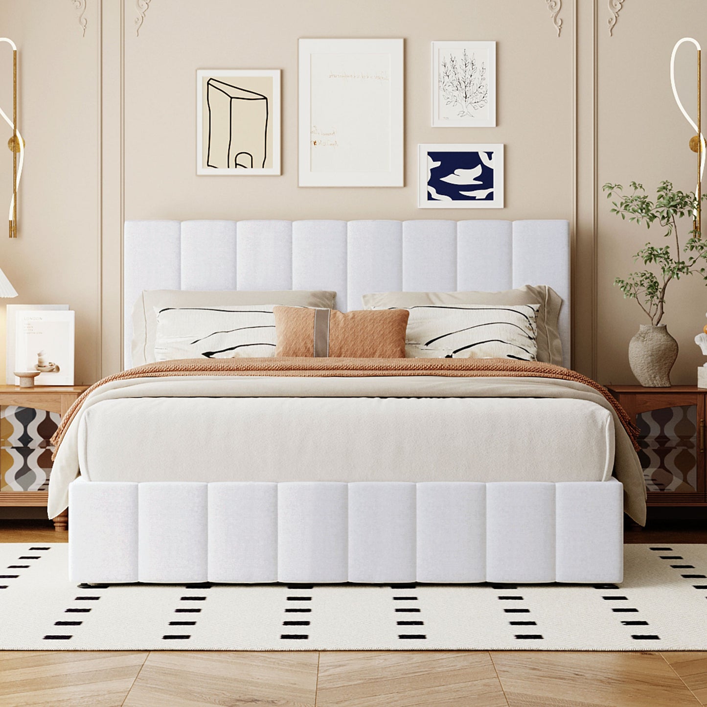 White upholstered bed frame with channeled headboard and platform base