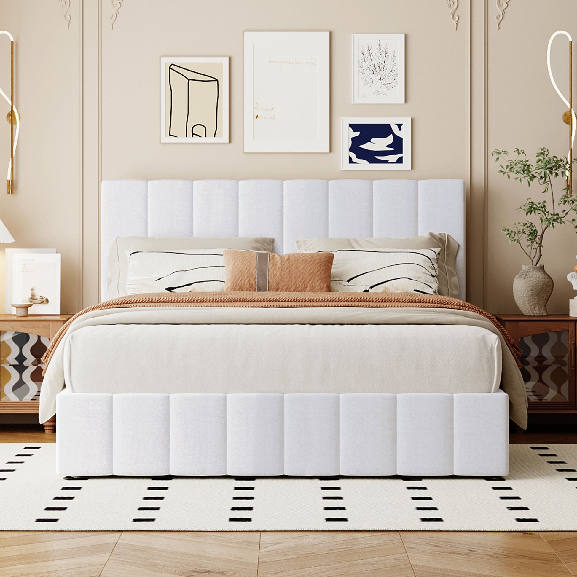 White upholstered bed frame with channeled headboard and platform base