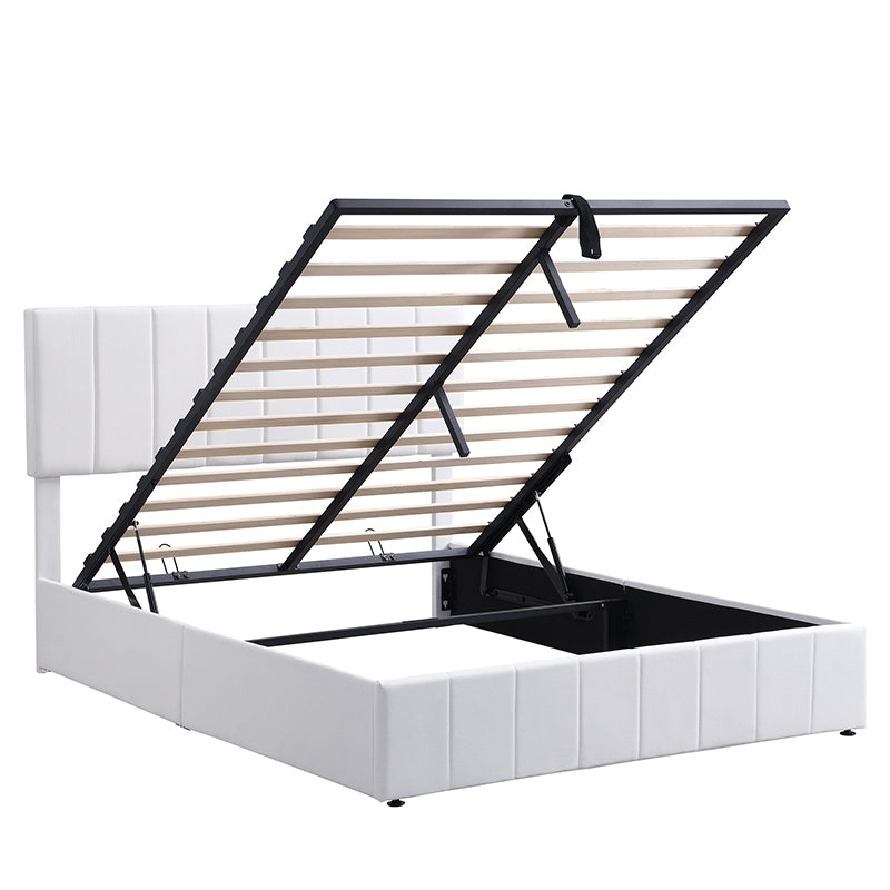 White faux leather bed frame with open storage lift