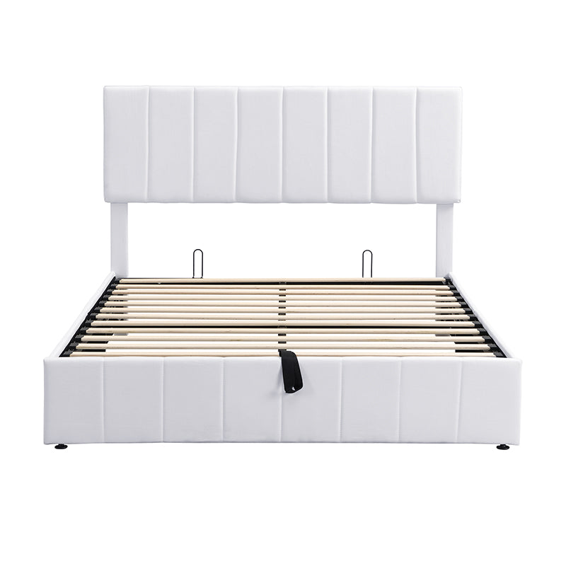 White upholstered platform bed frame with vertical channel tufting on the headboard