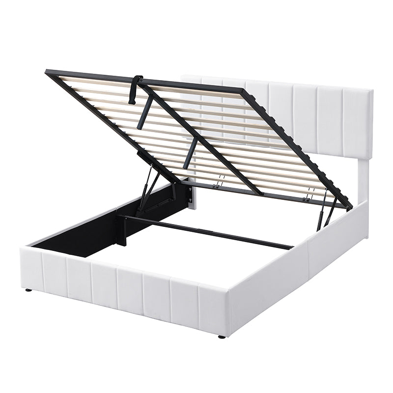 White upholstered platform bed frame with liftup storage