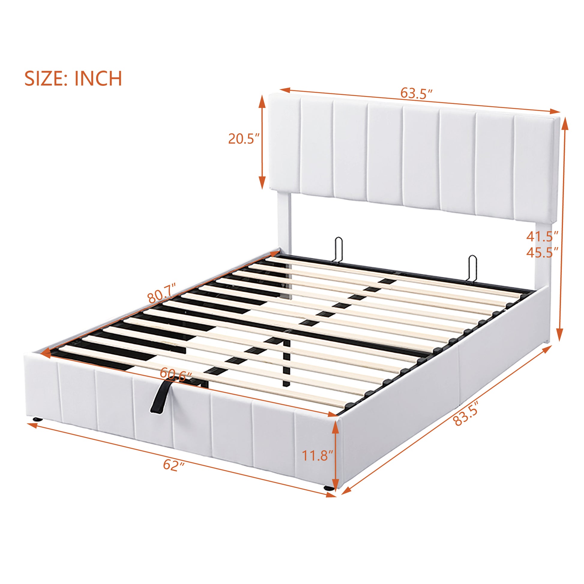 White upholstered queen bed frame with padded headboard and slatted support