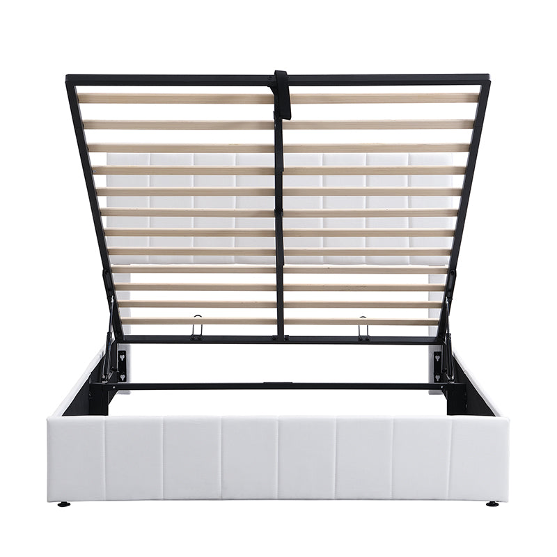 White upholstered storage bed frame with open gas lift mechanism and wooden slats