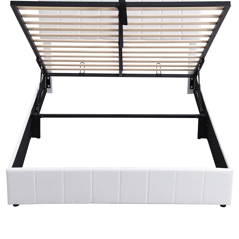 White upholstered storage bed frame with liftup mattress support